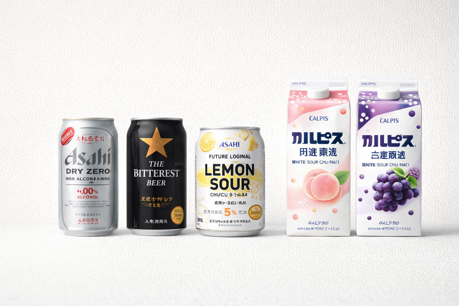 Asahi Japanese beverages including beer, lemon chu-hai, and Calpis drinks displayed on a clean white background