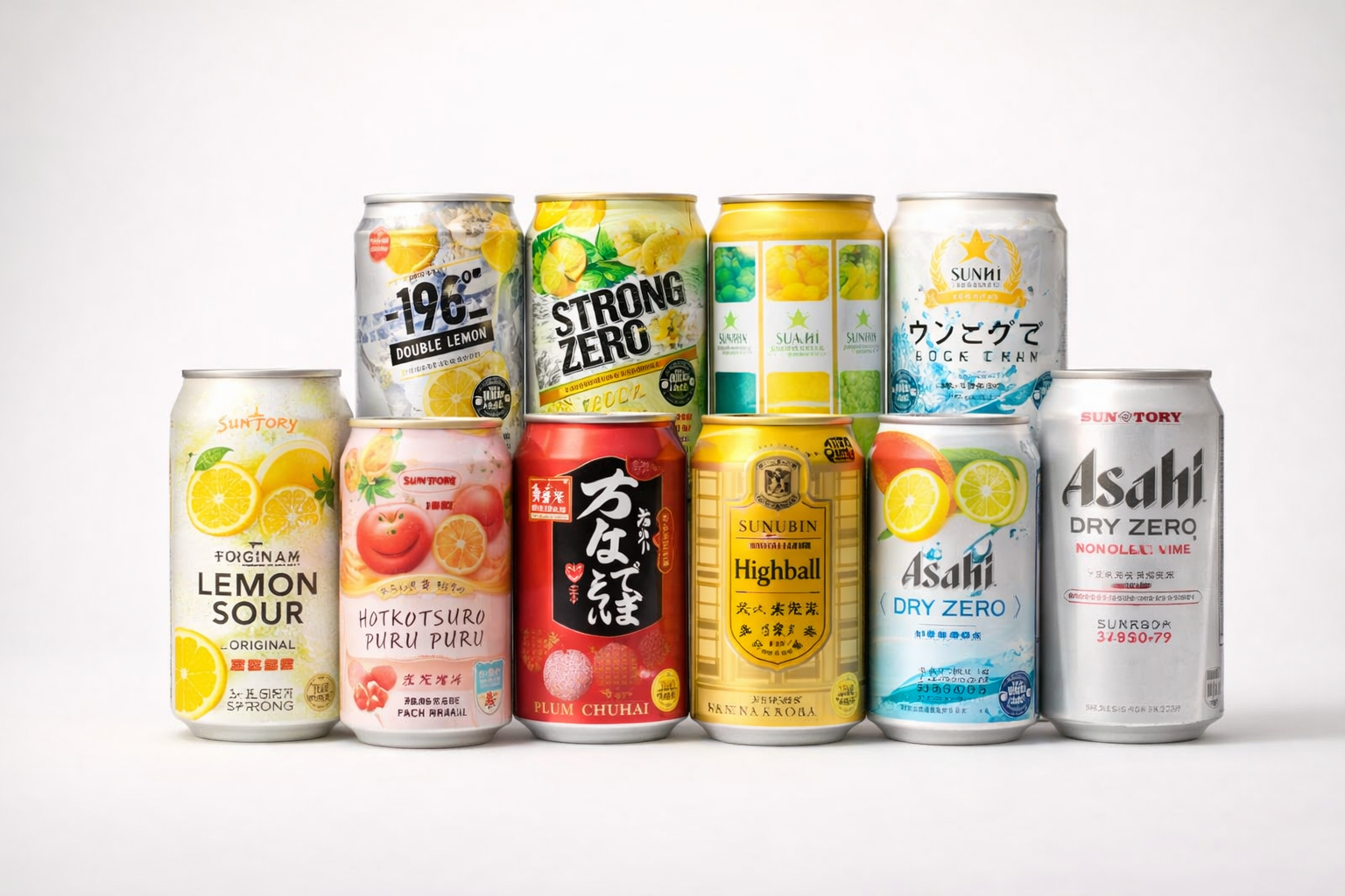 Japanese ready-to-drink chu-hi and highball cans from Suntory, Asahi, and Sapporo