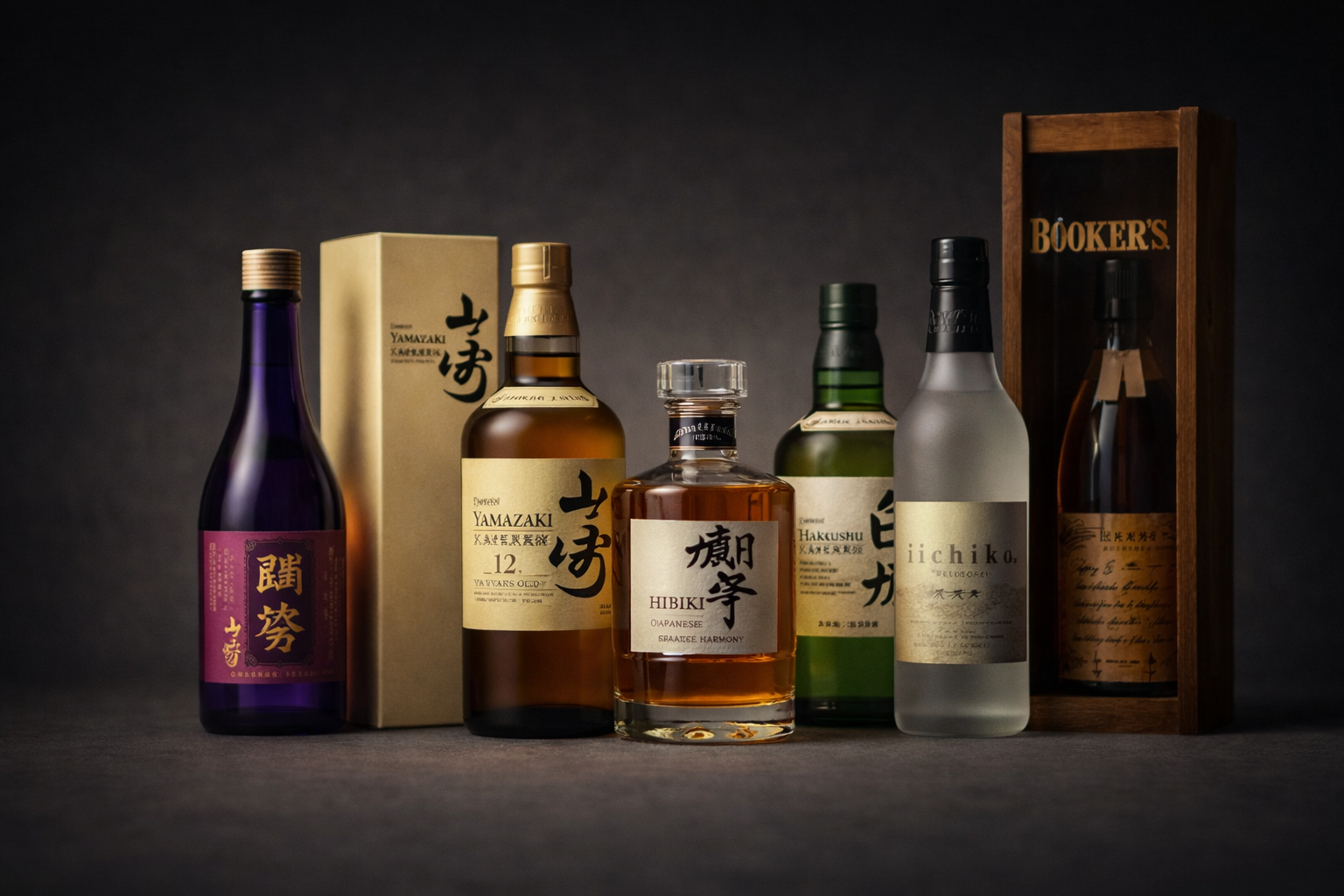 Japanese spirits collection featuring shochu and premium Japanese whisky bottles