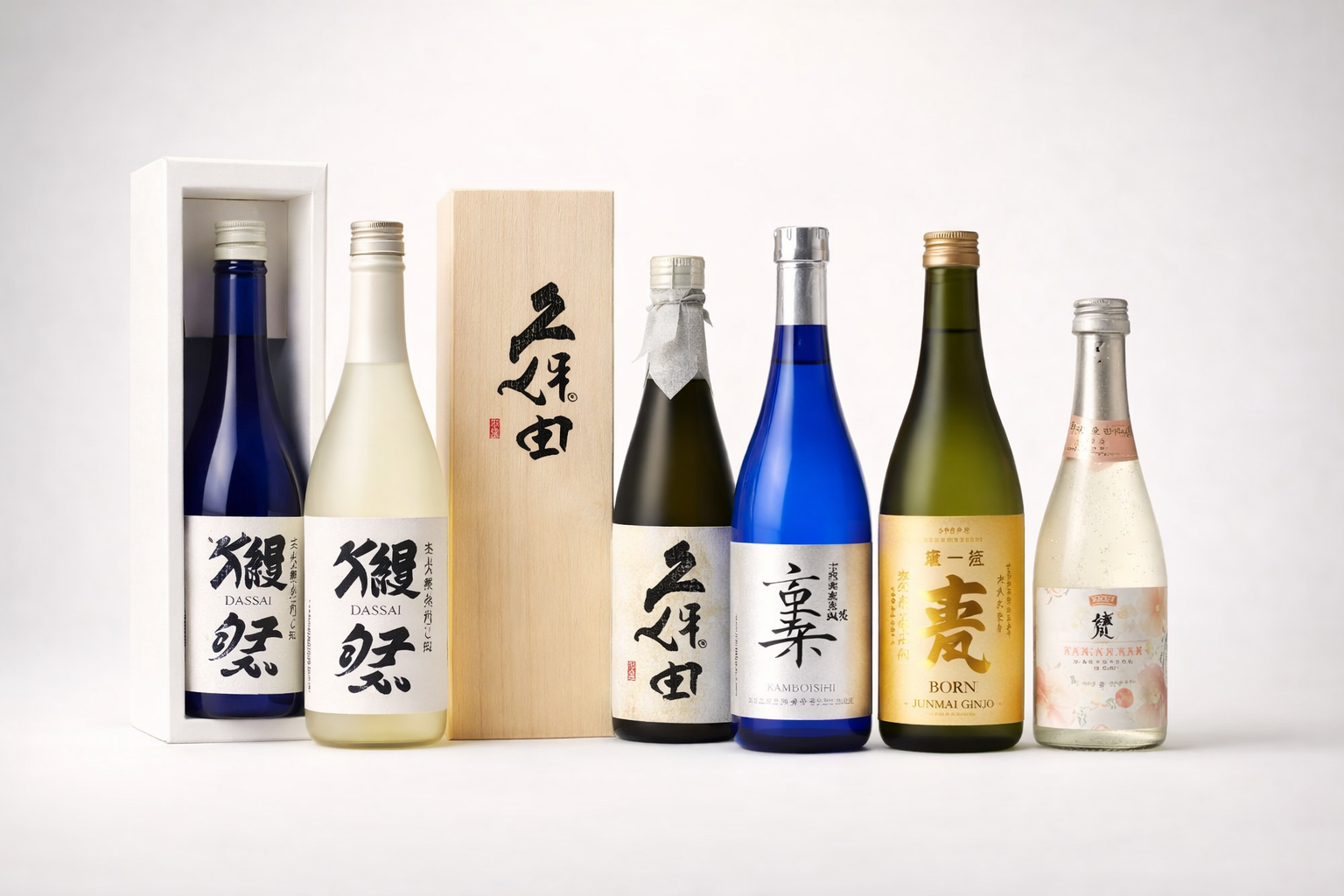 Premium Japanese sake bottles including Junmai Daiginjo and gift box selections