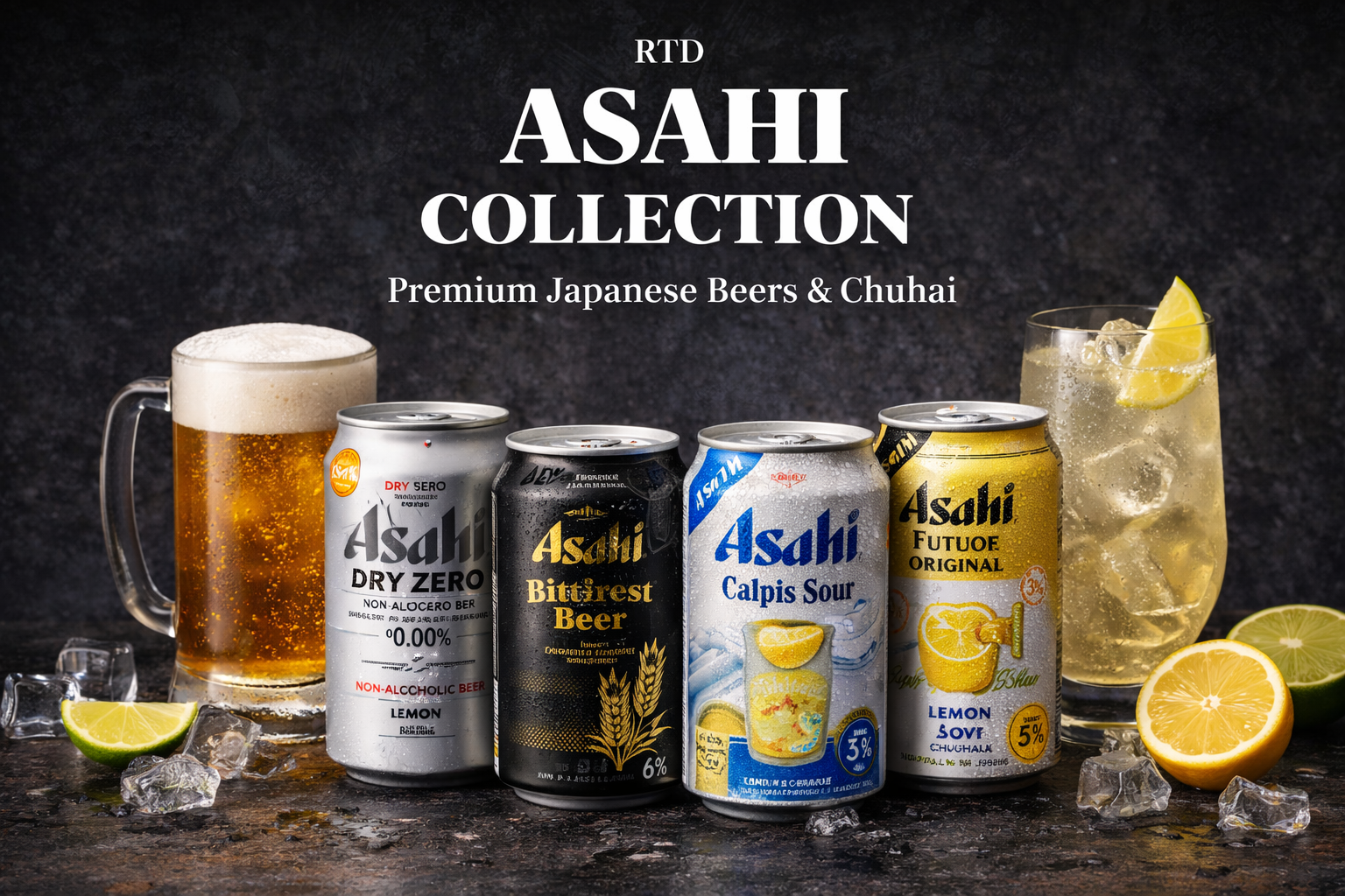 **Alt text:** A digital photograph of various Asahi RTD (Ready-To-Drink) beverages