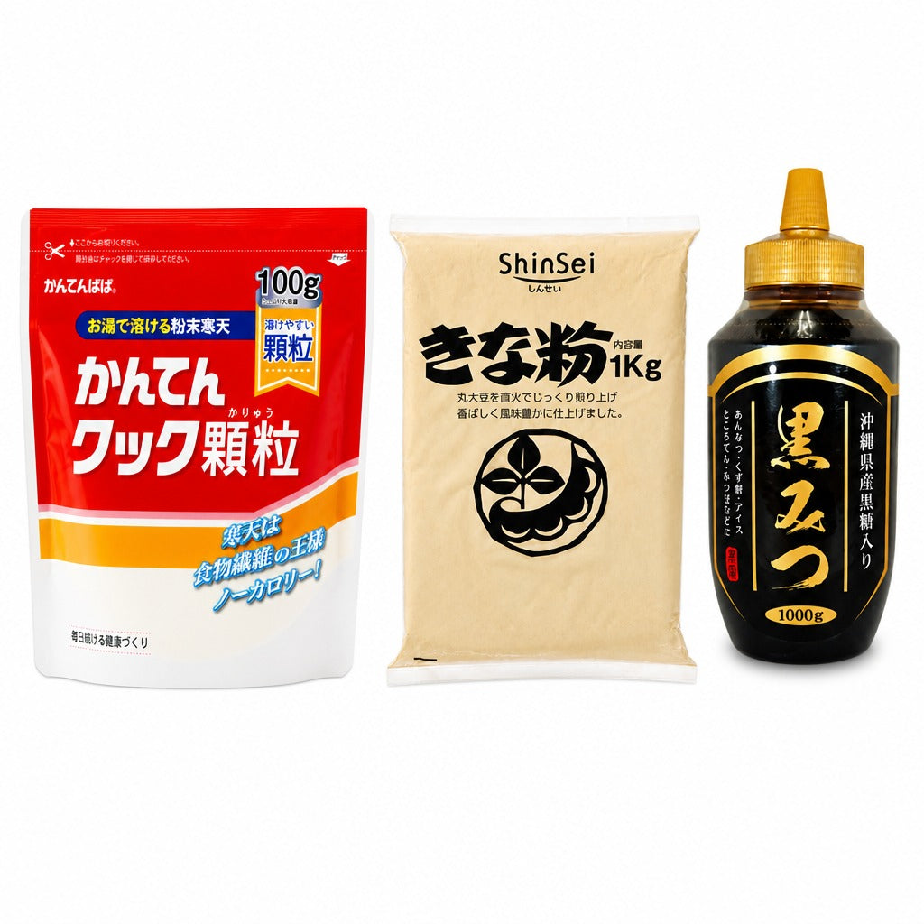 Japan Kinako Kuromitsu Kanten Dessert Kit – Granulated Agar Agar, Roasted Soybean Flour & Okinawa Brown Sugar Syrup