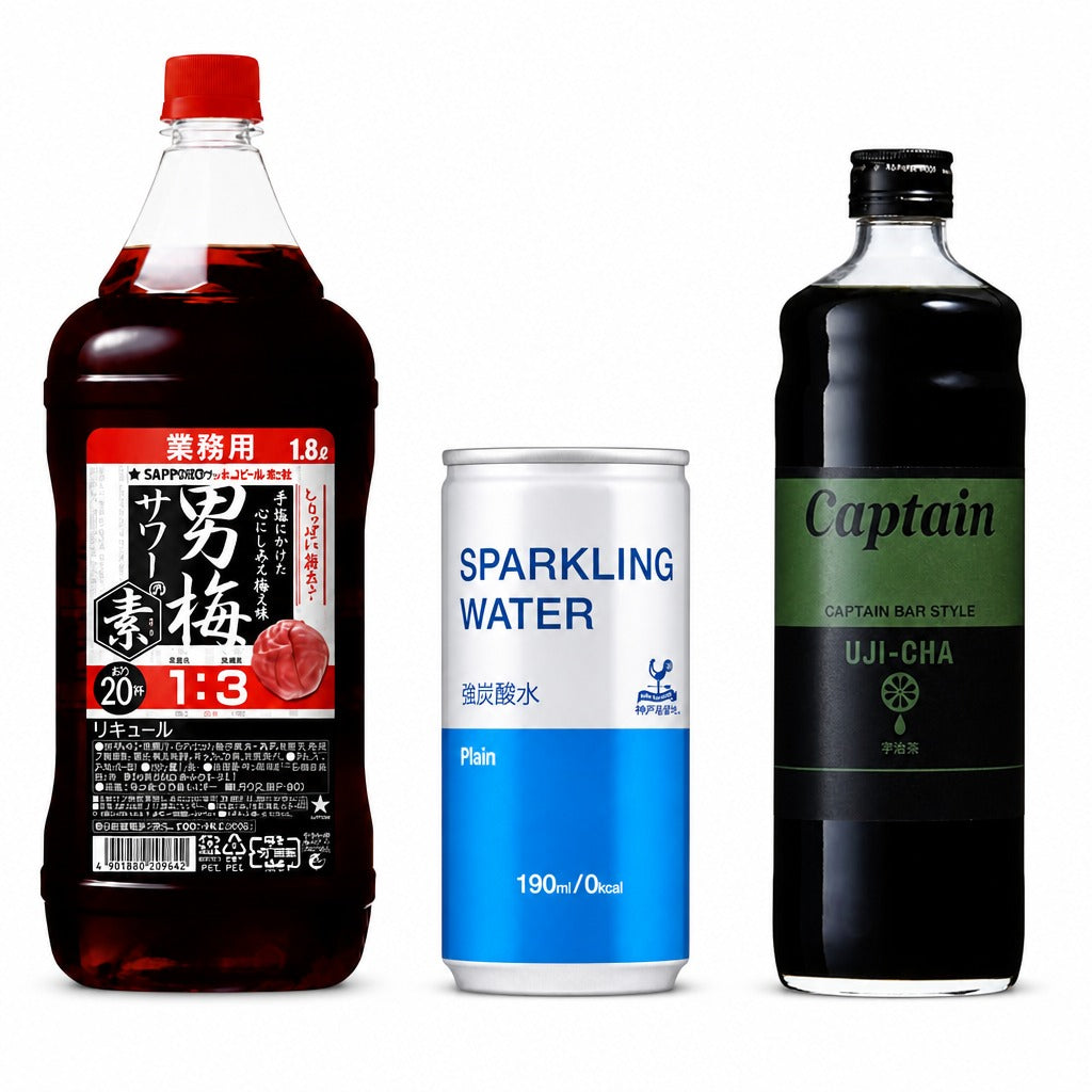 Japan Home Bar Drink Mixer Kit – Otoko Ume Plum Sour Base, Strong Sparkling Water & Captain Syrup Trio