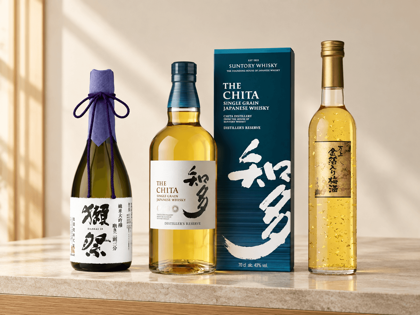Dassai sake, The Chita whisky and gold-leaf umeshu lined up on a stone counter