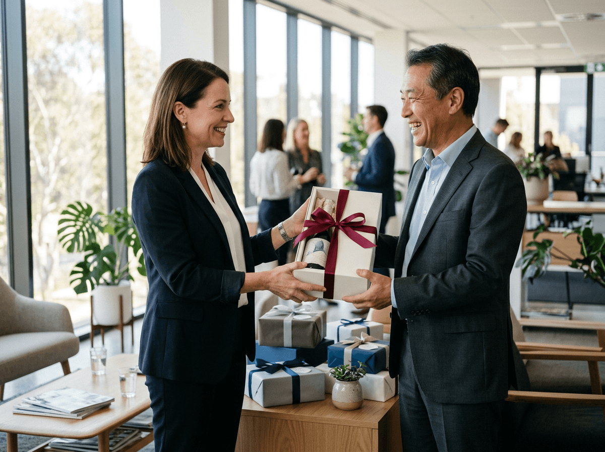 Handing a sake gift box to a client in the office