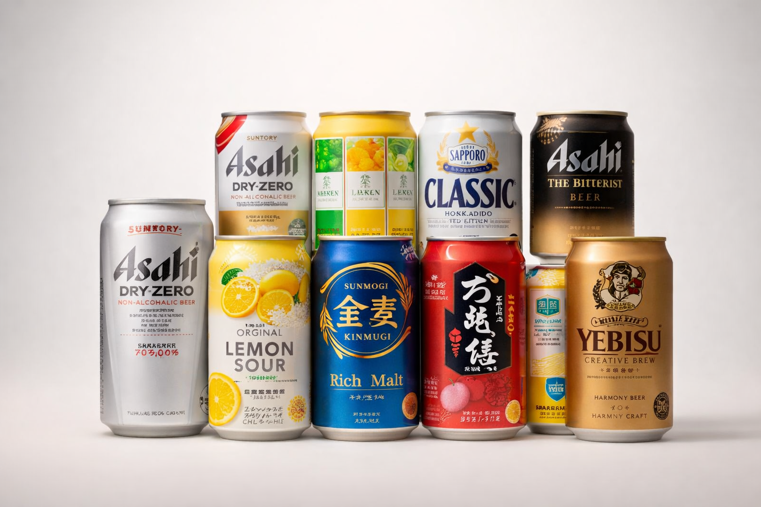 Japanese beer and chu-hi collection featuring Asahi, Suntory, Sapporo, and Yebisu cans