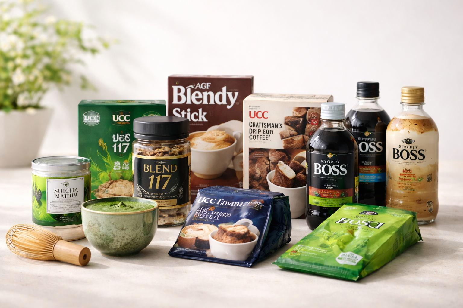 Japanese coffee and tea collection with matcha, drip coffee, and bottled coffee