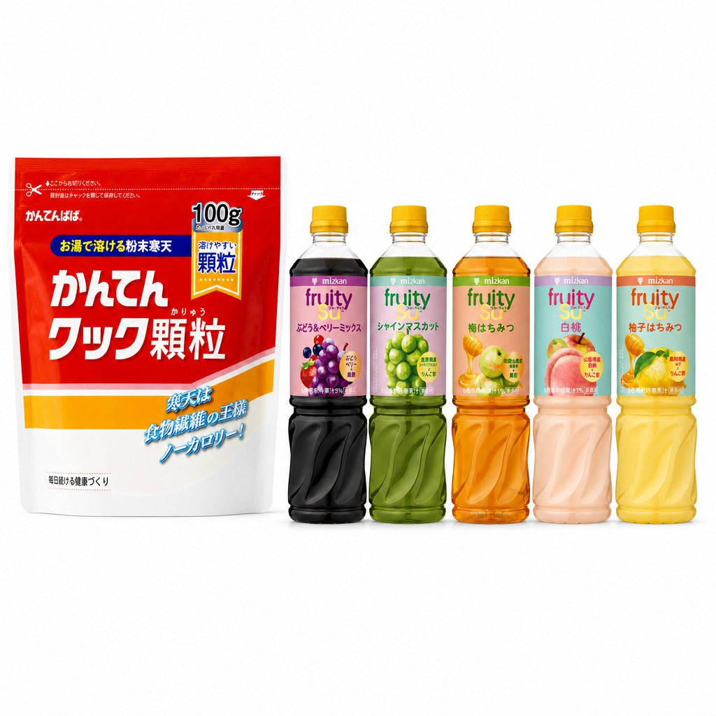Japan Fruity Vinegar Agar Jelly Kit – Granulated Agar Agar with 5 Mizkan Fruit Vinegar Concentrate Flavors