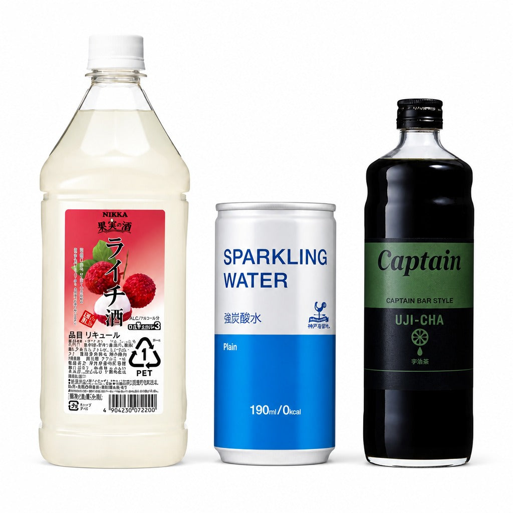 Japan Home Bar Drink Mixer Kit – Nikka Lychee Liqueur, Strong Sparkling Water & Captain Syrup Trio