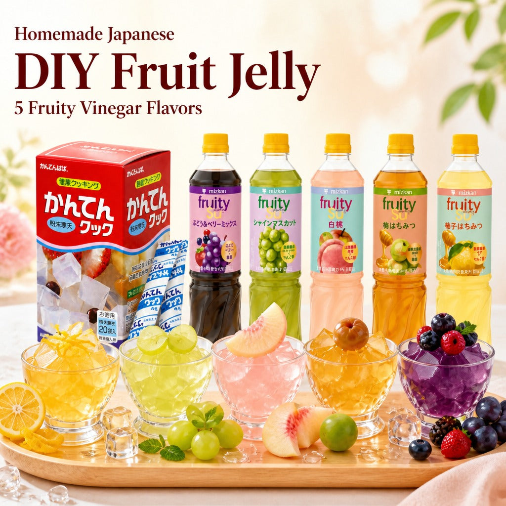 Japan Fruity Vinegar Agar Jelly Kit – Kanten Agar Powder with 5 Mizkan Fruit Vinegar Concentrate Flavors