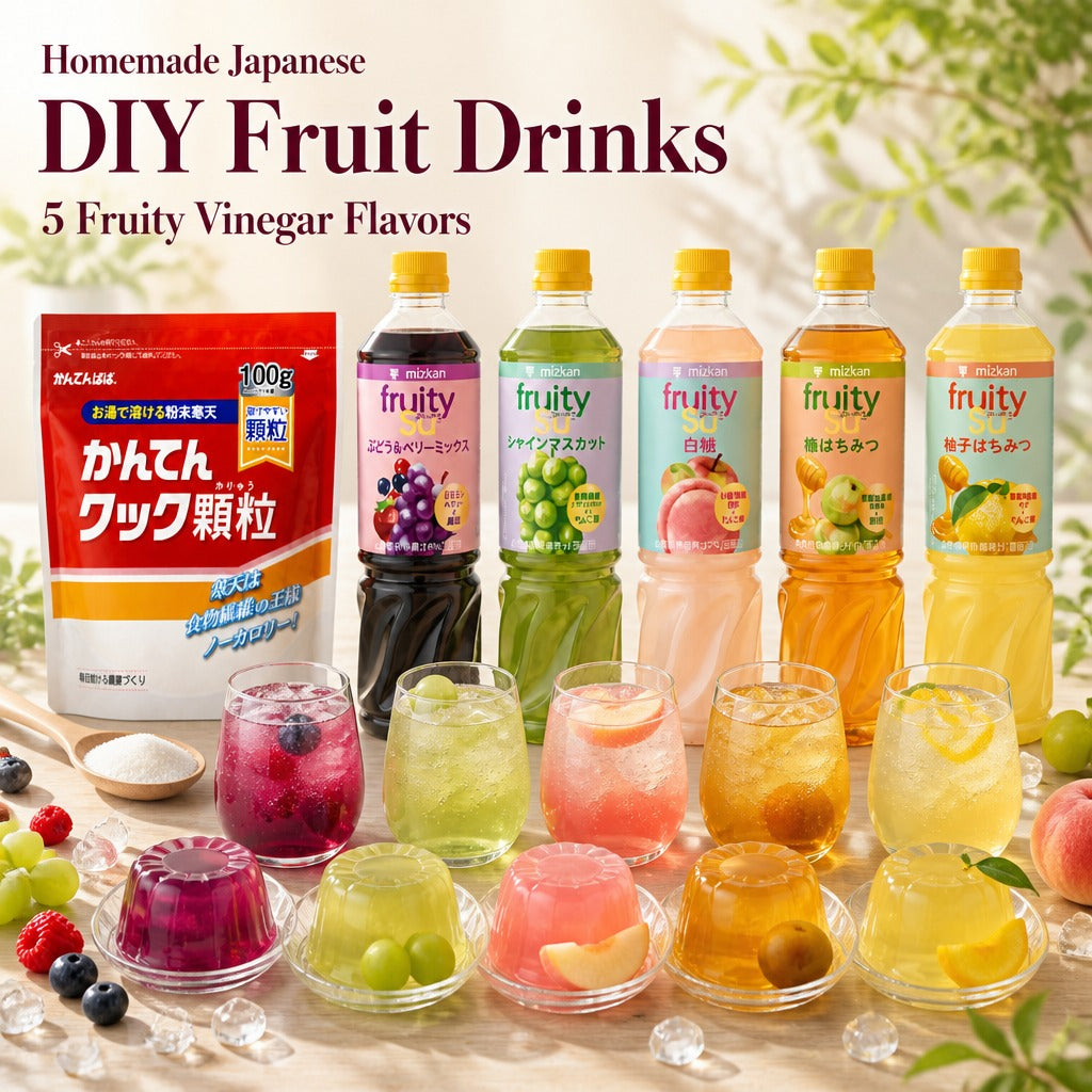 Japan Fruity Vinegar Agar Jelly Kit – Granulated Agar Agar with 5 Mizkan Fruit Vinegar Concentrate Flavors