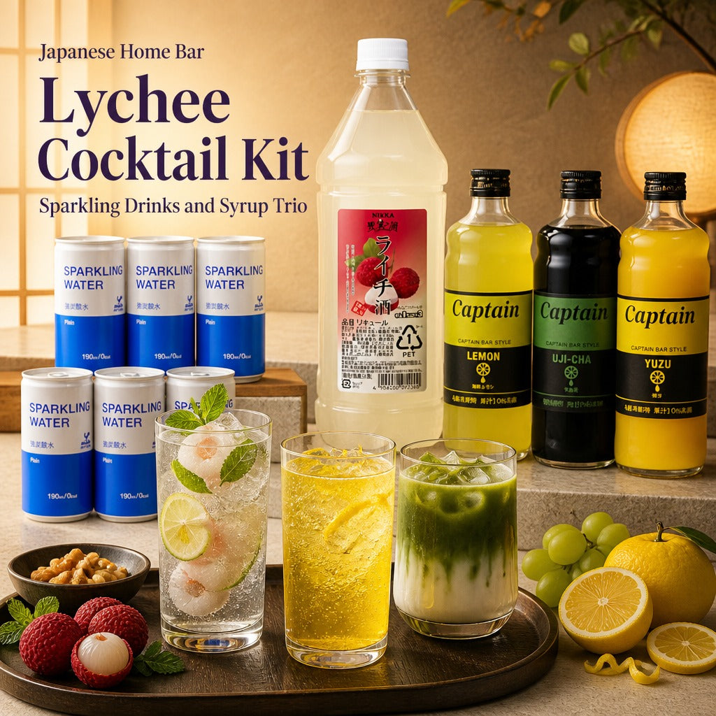 Japan Home Bar Drink Mixer Kit – Nikka Lychee Liqueur, Strong Sparkling Water & Captain Syrup Trio