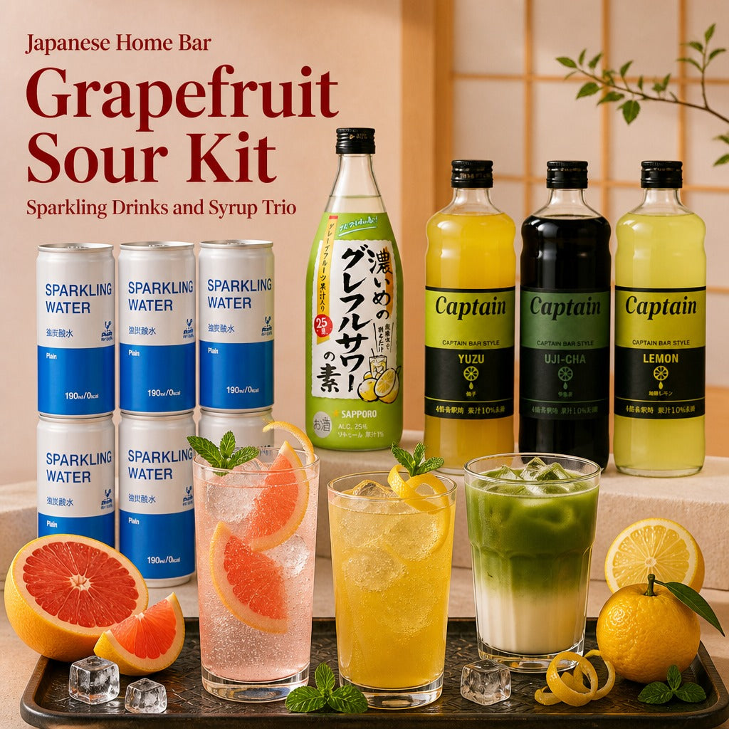 Japan Home Bar Drink Mixer Kit – Grapefruit Sour Base, Strong Sparkling Water & Captain Syrup Trio