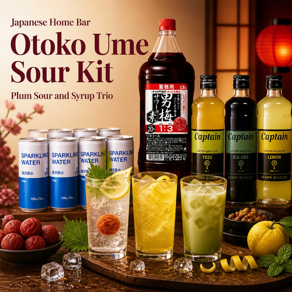 Japan Home Bar Drink Mixer Kit – Otoko Ume Plum Sour Base, Strong Sparkling Water & Captain Syrup Trio